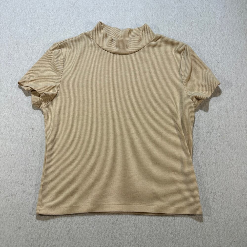 Beige Ribbed Mock Neck Short Sleeve Top Size Medium Minimalist Stretch